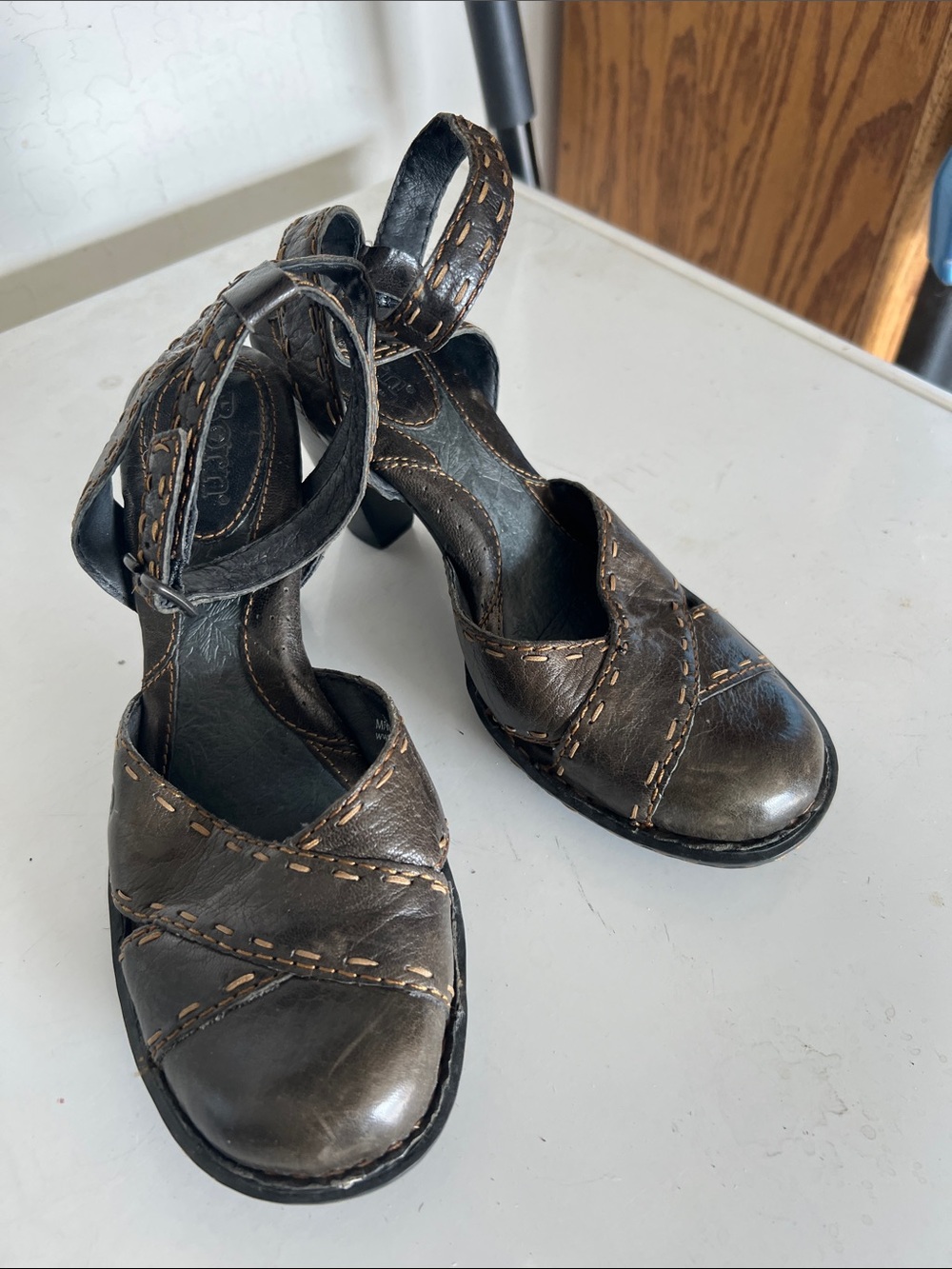 Born Brown Leather Ankle-Strap Block Heels with Contrast Stitching